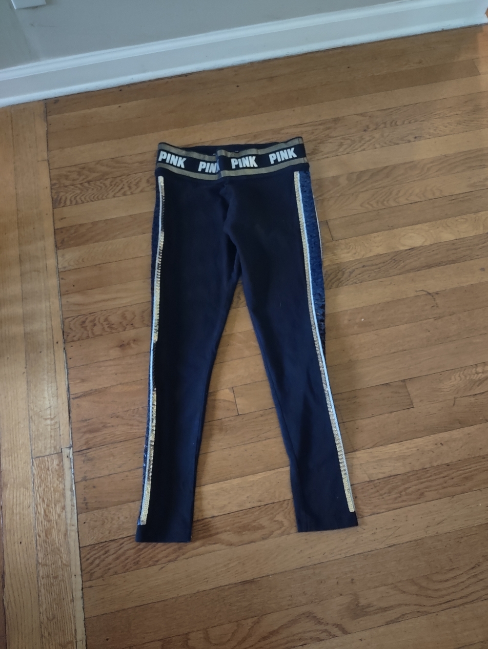 mid rise black leggings with silver accent, gold and blue sequins PINK yoga M